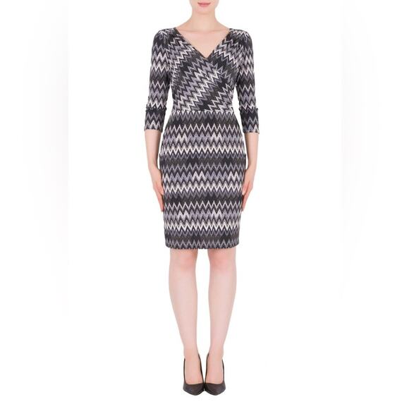 Joseph Ribkoff Black White Colorblock Stretch Zig-Zag Chevron Dress - Picture 1 of 16